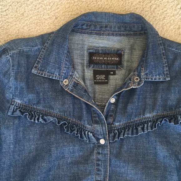 LIVE A LITTLE/BLUE DENIM- RUFFLE CHESTwSNAP FRONT PEARL BUTTONS - Picture 5 of 8